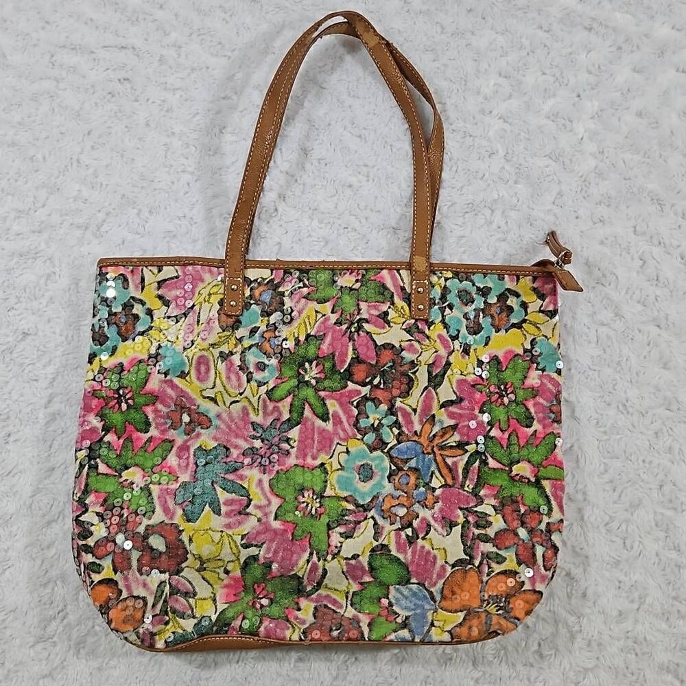 Nine West sequin tote multi color floral with clear sequins bobo chic summer